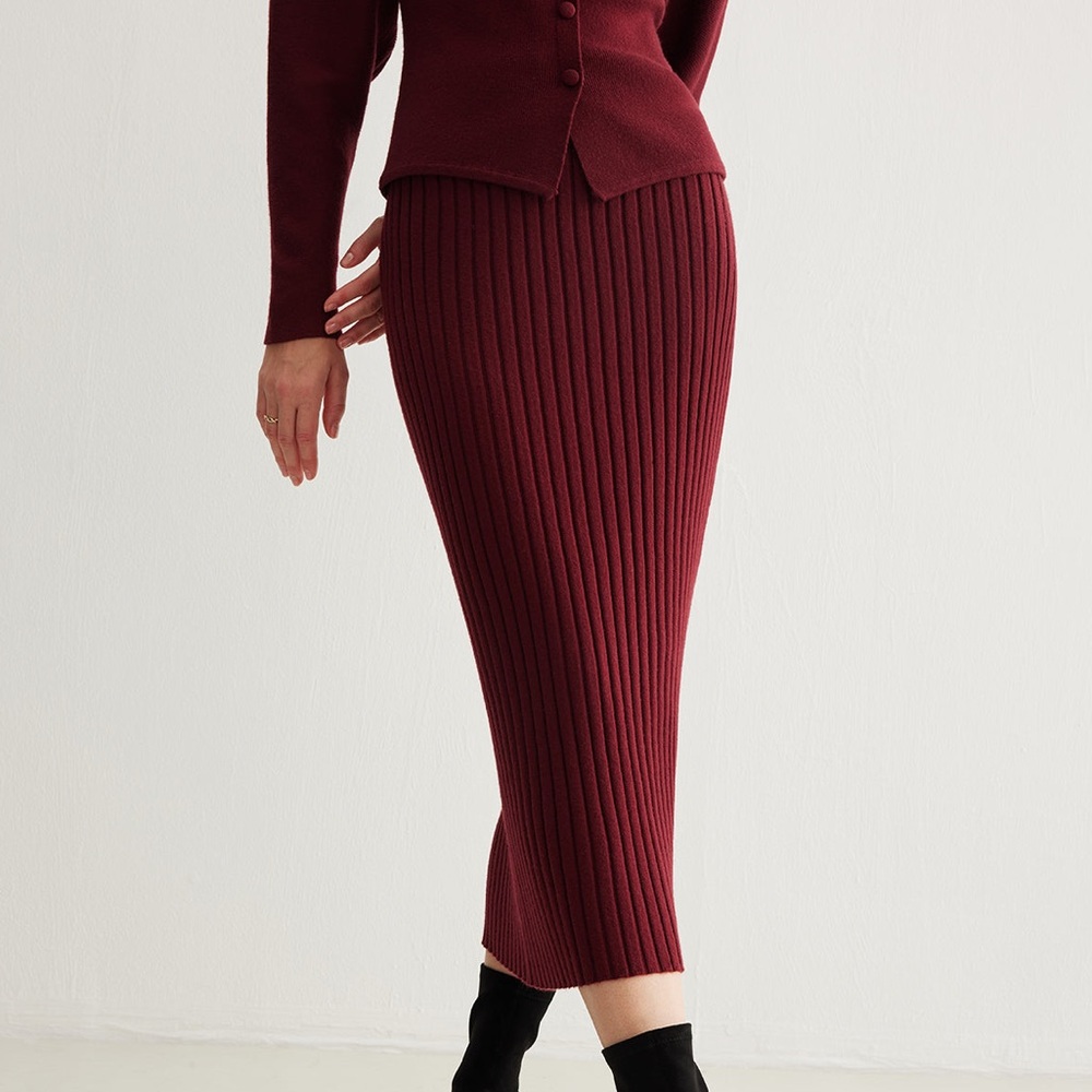 For Days Burgundy Ribbed Organic Cotton High Rise Leg Slit Bodycon Midi Skirt